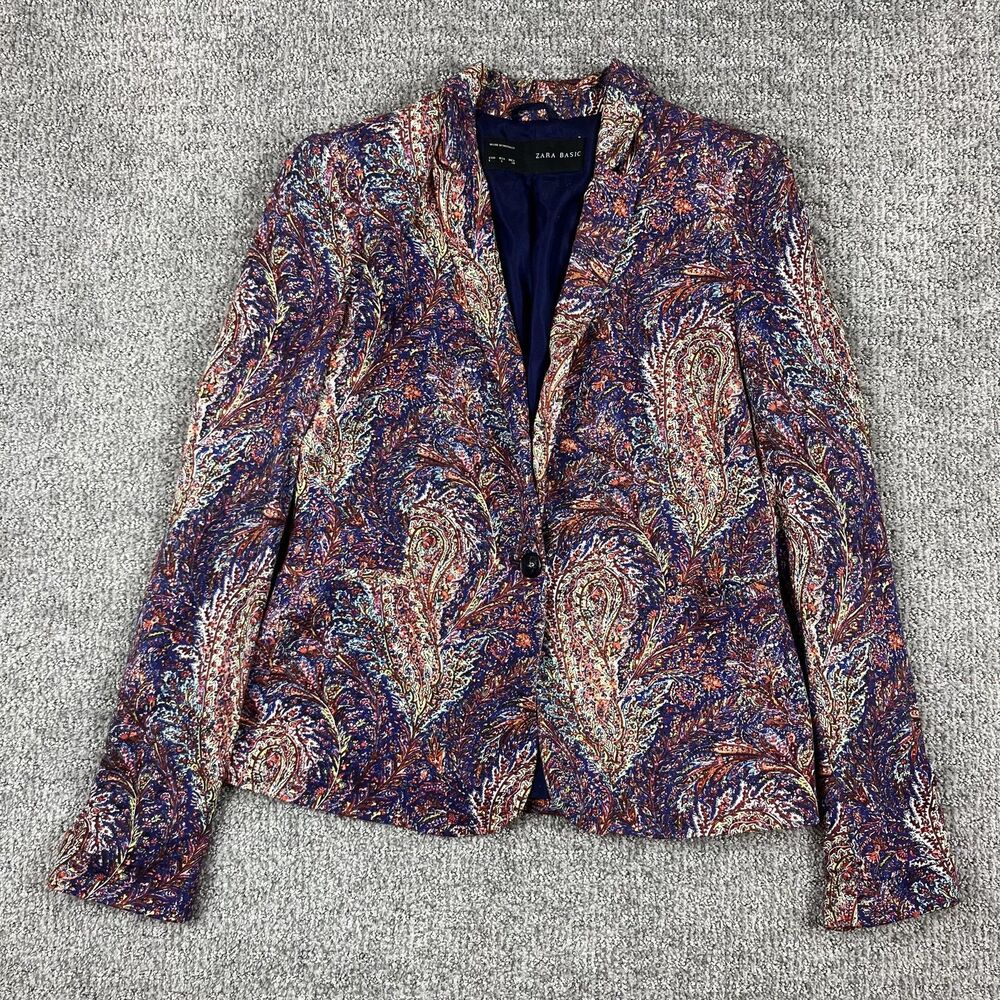 Zara Basic Blazer Womens Large Blue Red Paisley Jacquard Jacket Career Office